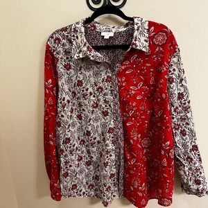 J. Jill Red and Cream Floral Blouse